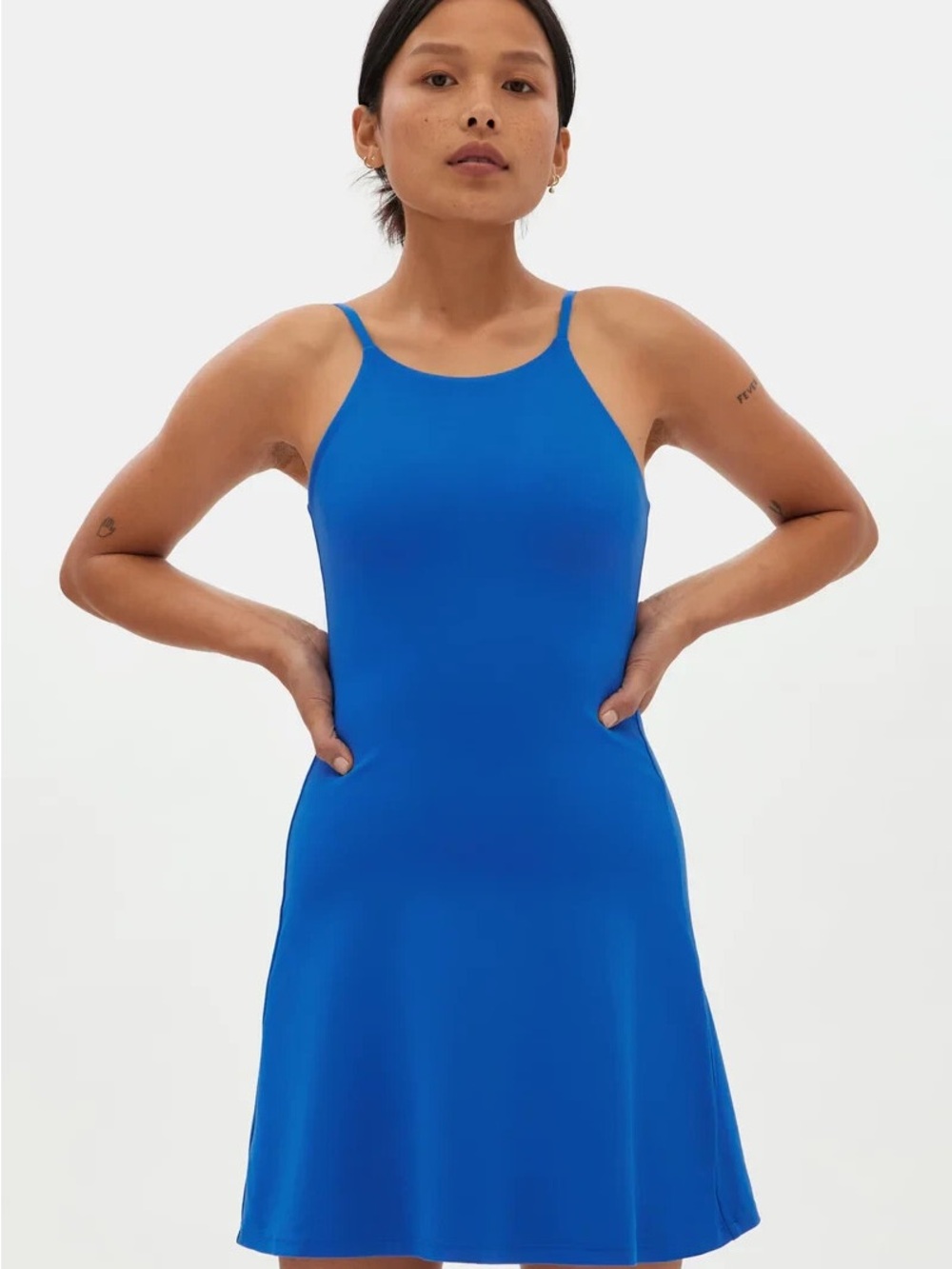 girlfriend collective gold Halter Mini tennis Dress with shorts underneath